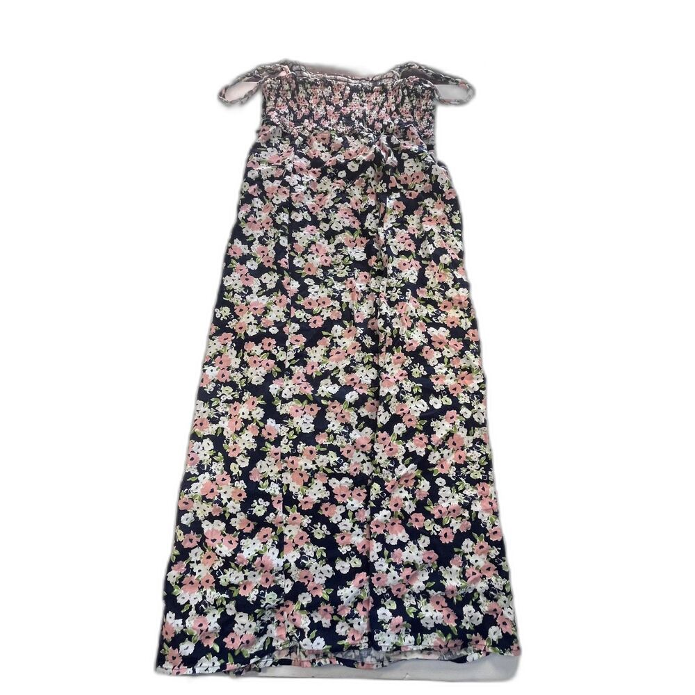 Zara Navy Floral Maxi Dress Women's Size L Side Slit Romantic Boho